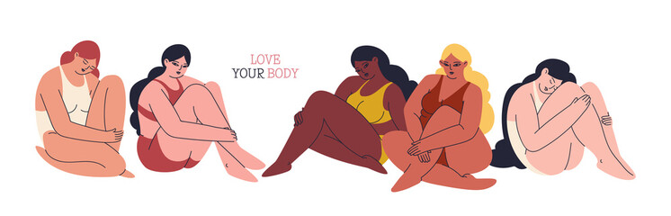 Love your body. Horizontal banner with young women of different skin colors, sizes and types. Multicultural girls sit in a row in swimsuits embracing themselves. Vector stock illustration isolated.