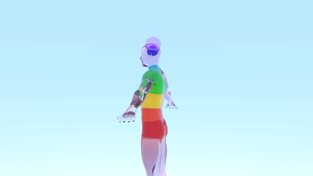 cuerpo humano de vidrio rotando en el cielo, 7 chackras, escena animada 3d