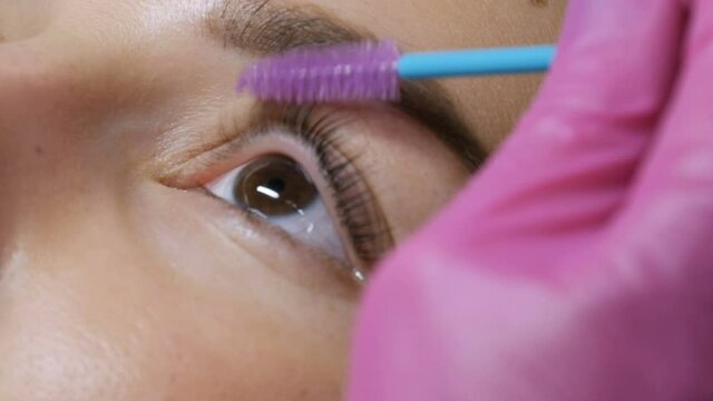 Face of young girl modern eyelash lamination procedure in a professional beauty salon. The master combs the eyelashes with a special brush during the eyelash curling procedure with a special brush.
