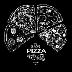 Italian Pizza hand drawn vector illustration. Pizza slices in a circle. Packaging design template. Sketch illustration.