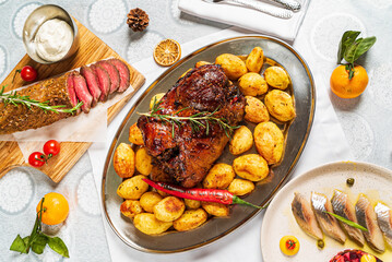New Year table with different dishes and drinks