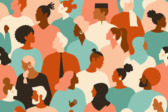Crowd of young and elderly men and women in trendy hipster clothes. Diverse group of stylish people standing together. Society or population, social diversity. Flat cartoon vector illustration.