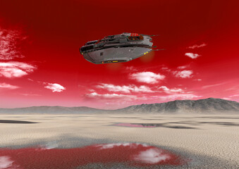 space ship on the desert after rain is passing over