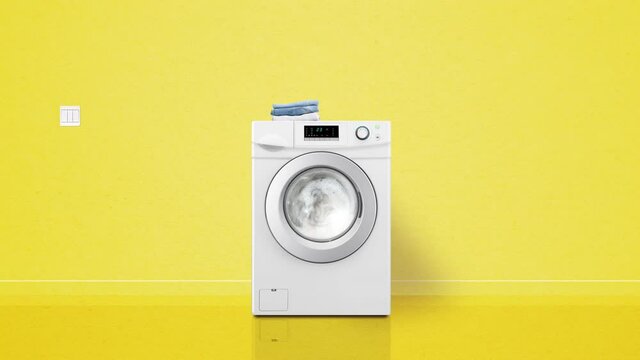 Modern laundry machine washing clothes. Yellow colour. Seamless loop realistic animation with sound.