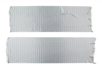 Two stripes of silver grey adhesive tape on white background. Torn pieces of grey sticky duct tape.