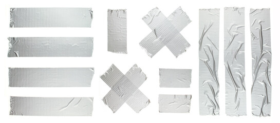 Set of different size silver grey adhesive tape on white background. Torn and crumpled pieces of grey sticky duct tape. - obrazy, fototapety, plakaty