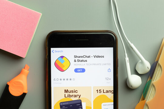 New York, USA - 1 December 2020: ShareChat mobile app icon on phone screen top view, Illustrative Editorial