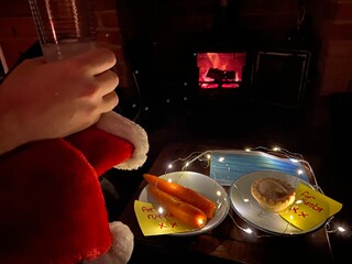 Christmas cancelled covid-19 Christmas eve, santa hat with face mask and for Santa note with mince pie and carrots for Rudolph in children's writing note  