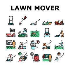 Lawn Mower Equipment Collection Icons Set Vector. Electrical, Gasoline And Smart Automatical Lawn Mower Garden Machine For Cutting Grass Concept Linear Pictograms. Contour Illustrations