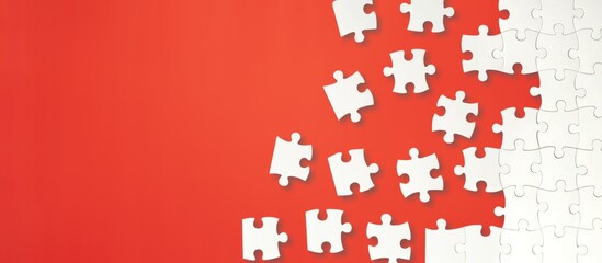 Classic puzzle pieces on red desk - obrazy, fototapety, plakaty