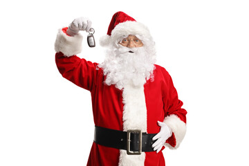 Santa Claus holding showing car keys and smiling