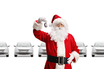 Santa Claus showing car keys in a showroom