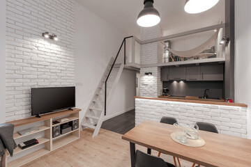 Modern apartment with mezzanine - obrazy, fototapety, plakaty