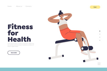 Fitness for health landing page with woman doing abs crunches on abdominal bench