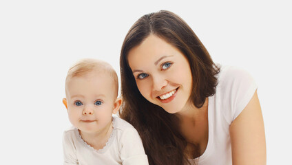 Portrait close up of happy smiling mother with baby over a white background