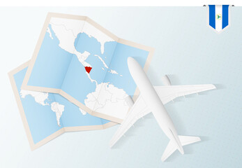 Fototapeta na wymiar Travel to Nicaragua, top view airplane with map and flag of Nicaragua.