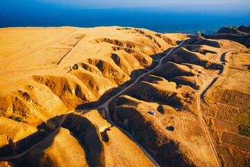 Panoramic drone view of an incised meander of the river. Location place Grand canyon Stanislav.