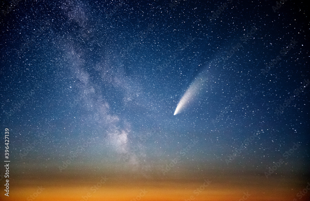 Canvas Prints wonderful view of starry sky and c/2020 f3 (neowise) comet with light tail.