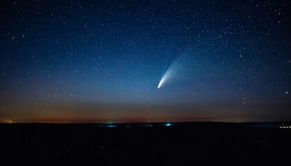 Wonderful view of starry sky and C/2020 F3 (NEOWISE) comet with light tail. - obrazy, fototapety, plakaty