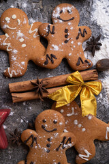  christmas decorative cookies   around grey background. flat lay. close up. christmas background concept