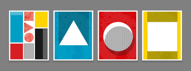 Bauhaus abstract modern art pattern. Set of minimal geometric design poster, banner, placard, brochure cover, flyer template. White shapes on blue, red, yellow background. Vector bauhaus illustration - obrazy, fototapety, plakaty