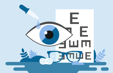 Ophthalmology Concept Vector Illustration. Cartoon Composition In Flat Style, Placard Type Art. Optical Eyes Test, Spectacles Technology. White List With Letters Signs, Big Blue Eye, Glasses, Pipette