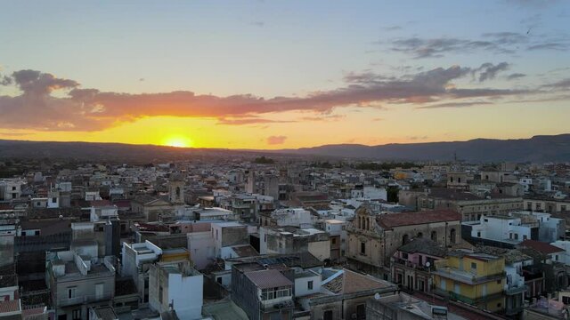 Sunset over the ancient sicilian town Floridia in province of Siracusa (Syracuse) in Sicily
