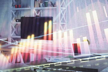 Double exposure of financial graph drawing and office interior background. Concept of stock market.