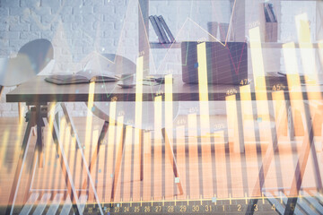 Multi exposure of stock market chart drawing and office interior background. Concept of financial analysis.