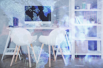 Multi exposure of stock market chart drawing and office interior background. Concept of financial analysis.