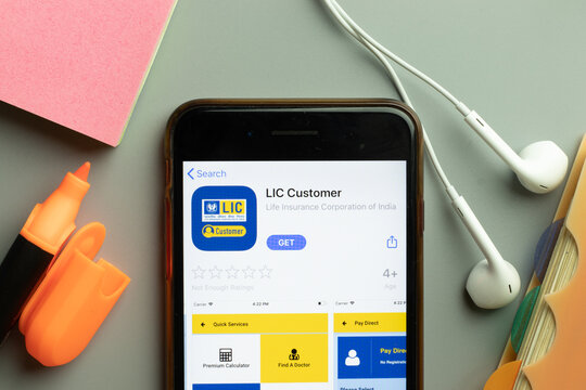 New York, USA - 1 December 2020: LIC Customer mobile app icon on phone screen top view, Illustrative Editorial