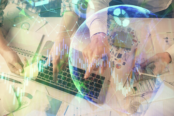 Multi exposure of man and woman working together and forex graph hologram drawing. Financial analysis concept. Computer background. Top View.