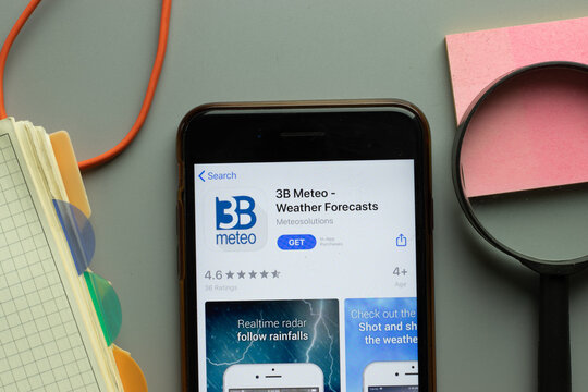 New York, USA - 1 December 2020: 3B Meteo mobile app icon on phone screen top view, Illustrative Editorial