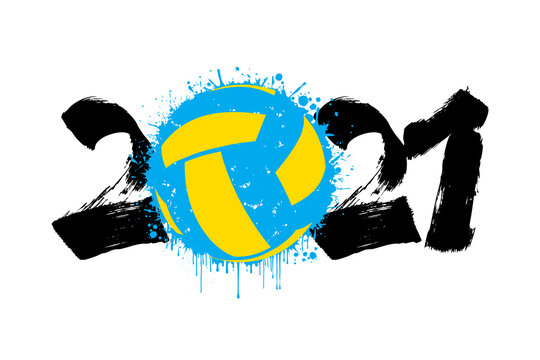 Abstract numbers 2021 and volleyball ball made of blots in grunge style. 2021 New Year on an isolated background. Design pattern. Vector illustration