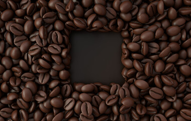 Fresh roasted coffee beans frame 3d rendering background. Masses of coffee beans close up. Top view