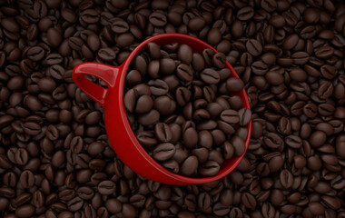Cup of coffee and realistic coffee beans flat lay, 3d rendering background. Masses of coffee beans close up.