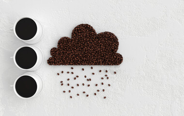 Cup of coffee and realistic coffee beans cloud and rain, 3d rendering background. Masses of coffee beans close up.