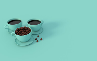 Cup of coffee and realistic coffee beans, 3d rendering background. Masses of coffee beans close up.