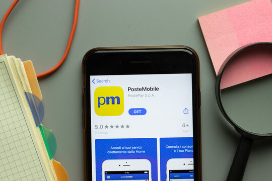 New York, USA - 1 December 2020: PosteMobile mobile app icon on phone screen top view, Illustrative Editorial