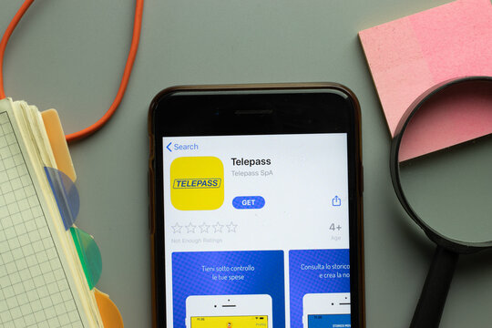 New York, USA - 1 December 2020: Telepass mobile app icon on phone screen top view, Illustrative Editorial