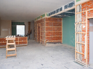 Construction of a new house. A house under construction from the inside. Rough finishing of the...