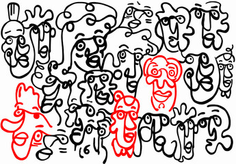 Black and white pattern on a white background with highlighted red cartoon faces, abstract design	
