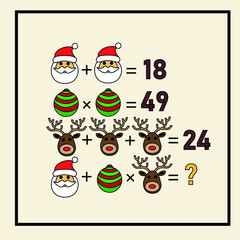 New Year's riddle. Preschool or kindergarten Christmas puzzle. Mathematical counting game for children and adult. Mathematic riddle for the mind. Riddle with numbers. Vector. 