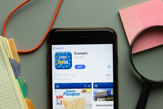 New York, USA - 1 December 2020: Eurospin mobile app icon on phone screen top view, Illustrative Editorial
