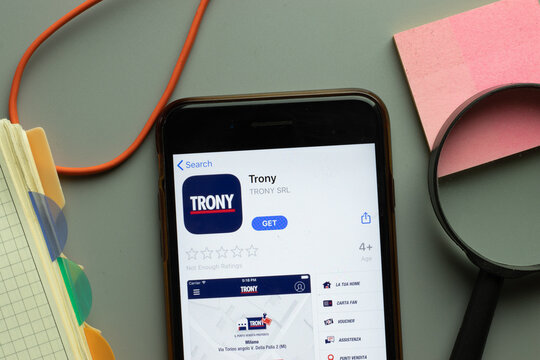 New York, USA - 1 December 2020: Trony mobile app icon on phone screen top view, Illustrative Editorial