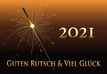 Silvester Karte mit Wunderkerze und Neujahrs Wünsche in deutsch,
Silvester Banner, Neues Jahr 2021,
Vektor Illustration auf dunklem Hintergrund