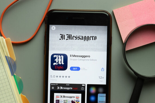 New York, USA - 1 December 2020: Il Messaggero mobile app icon on phone screen top view, Illustrative Editorial