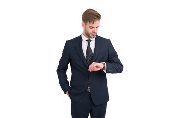 time is money. time management. confident entrepreneur with clock. successful manager in formalwear. businessman in business style. motivation and success. man lawyer in tie. employee has deadline