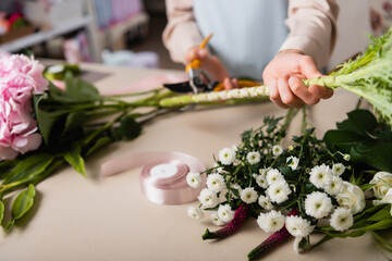 Obraz na płótnie Canvas Cropped view of florist with secateurs cutting stalk of plant near flowers and decorative ribbon on desk on blurred background