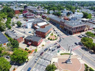 Aerial view of historic commercial buildings on Main Street in downtown Peabody, Massachusetts MA,...